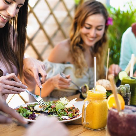 Happy Friends Lunching With Healthy Food In Bar Coffee Brunch –