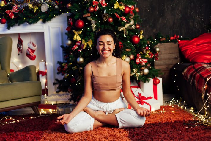Beautiful Woman Yoga Christmas Tree With New Year Gifts